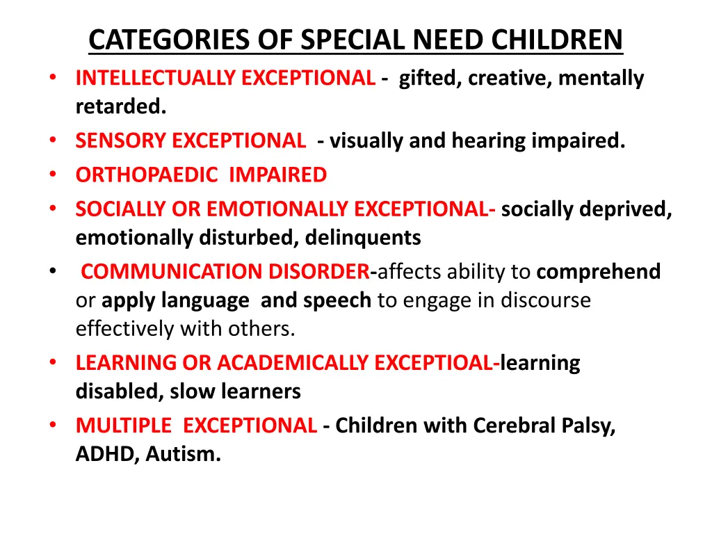 categories of special need children