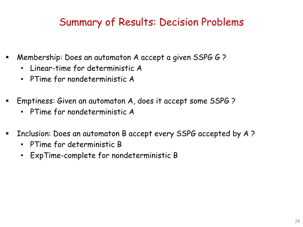 summary of results decision problems