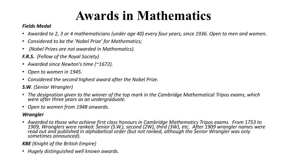 awards in mathematics