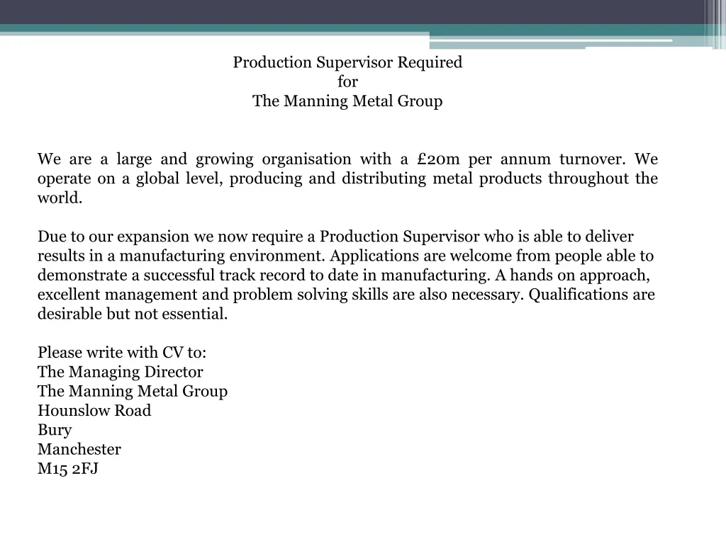 production supervisor required for the manning