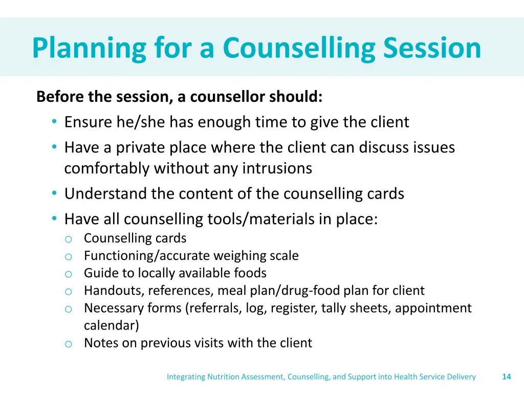 planning for a counselling session