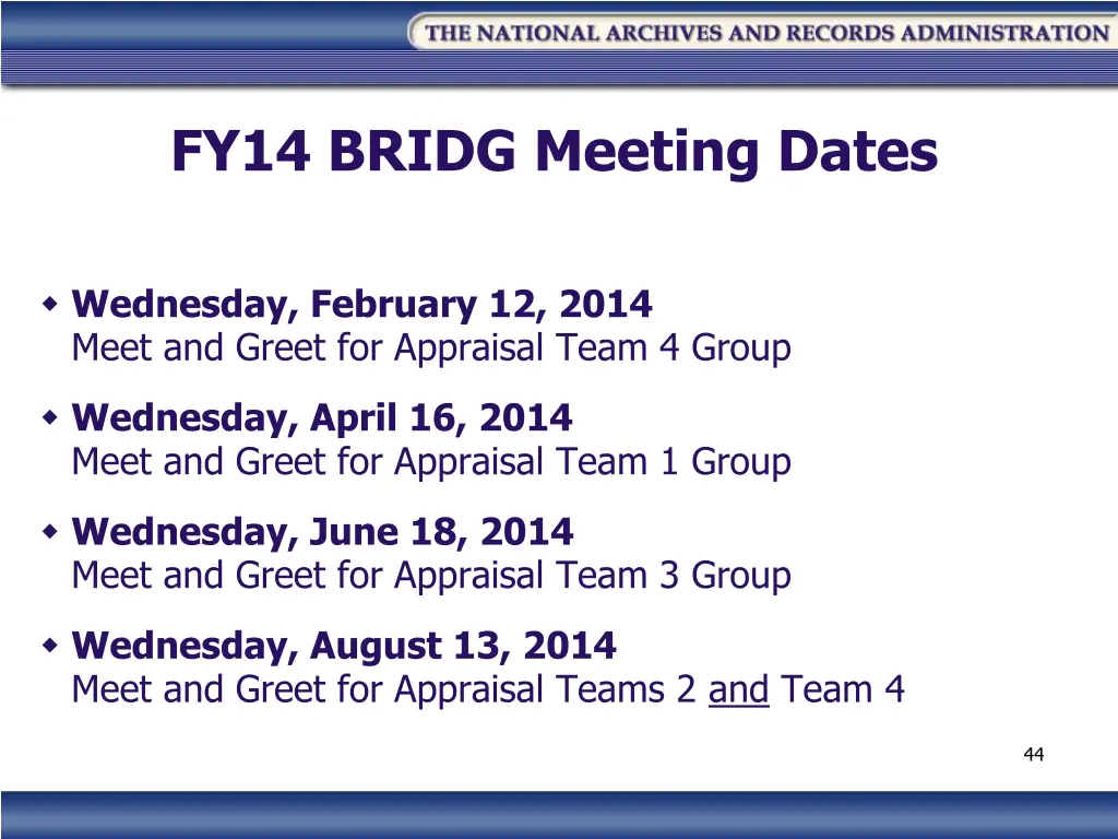 fy14 bridg meeting dates