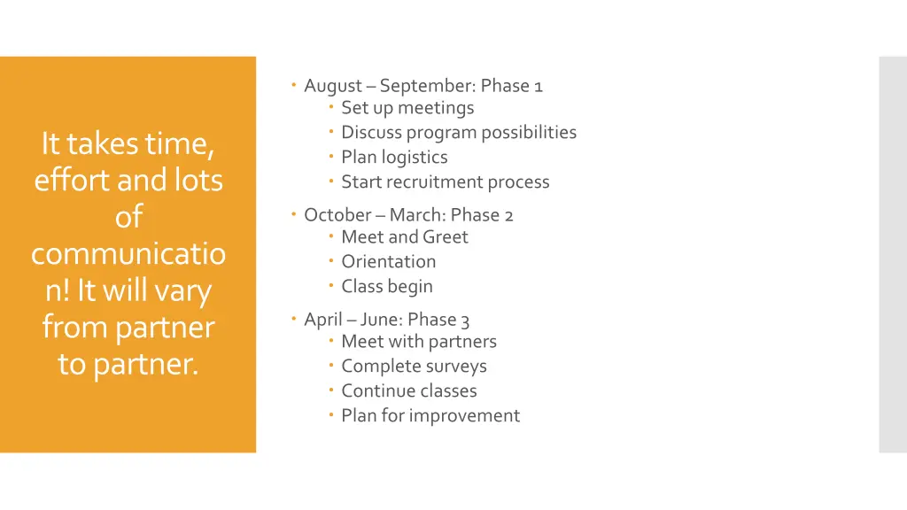 august september phase 1 set up meetings discuss