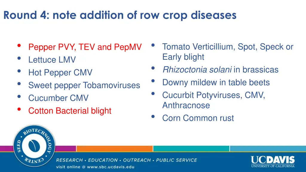 round 4 note addition of row crop diseases