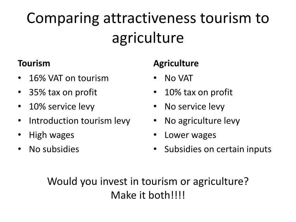 comparing attractiveness tourism to agriculture