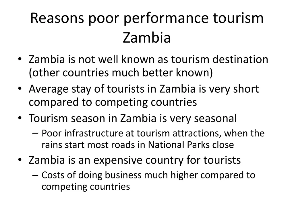 reasons poor performance tourism zambia zambia