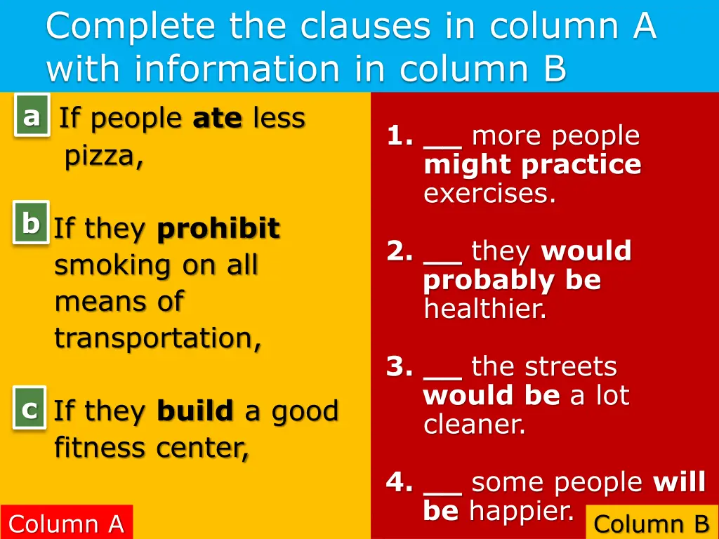 complete the clauses in column a with information