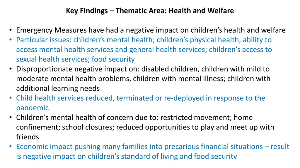 key findings thematic area health and welfare