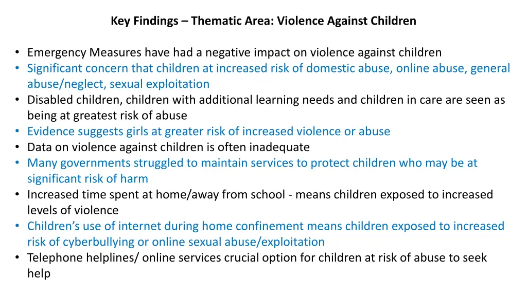 key findings thematic area violence against