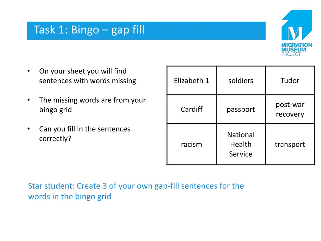 task 1 bingo gap fill