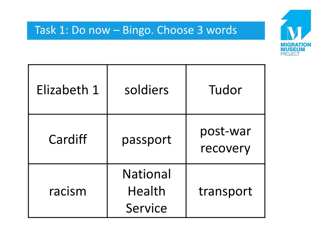 task 1 do now bingo choose 3 words