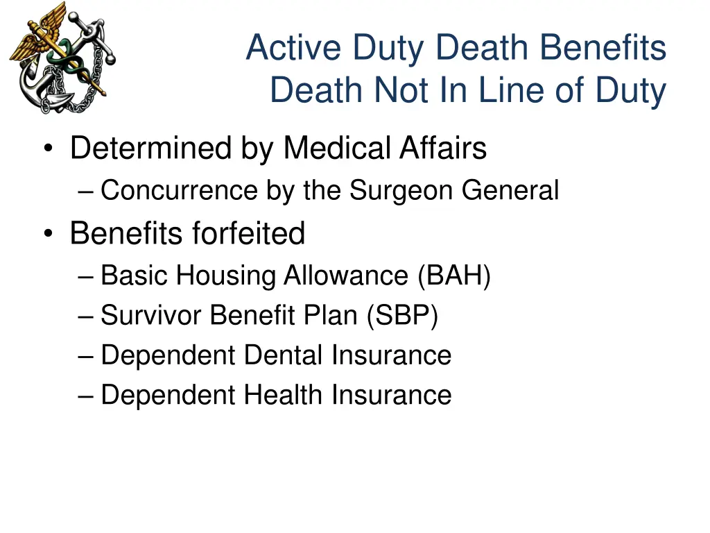 active duty death benefits death not in line