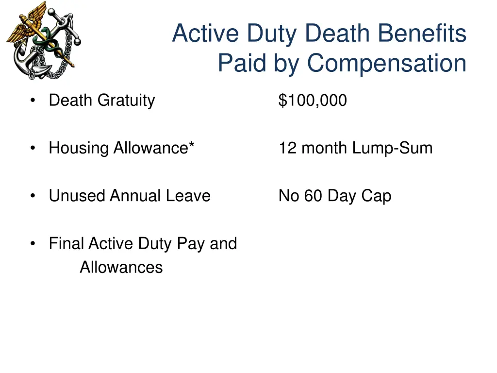 active duty death benefits paid by compensation