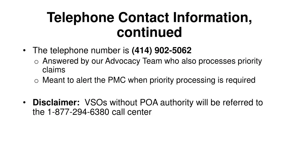 telephone contact information continued