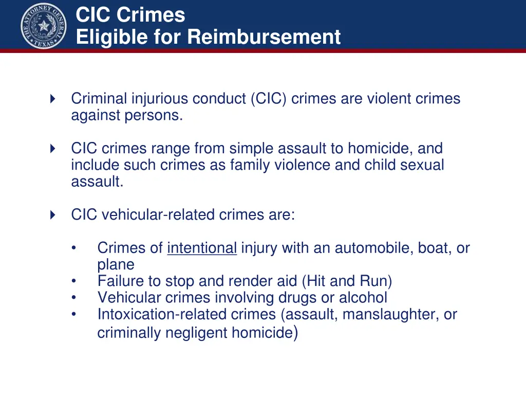 cic crimes eligible for reimbursement