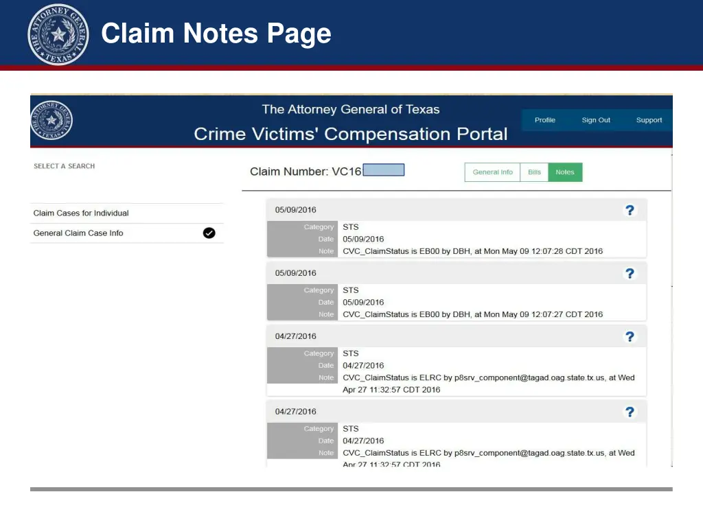 claim notes page