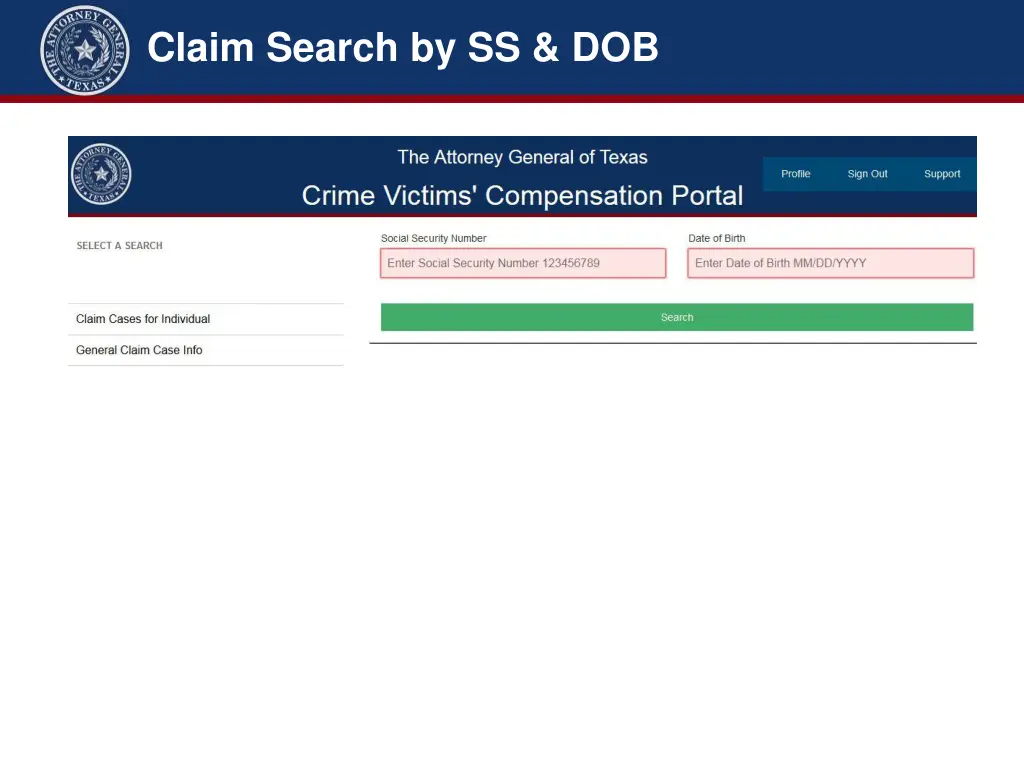 claim search by ss dob