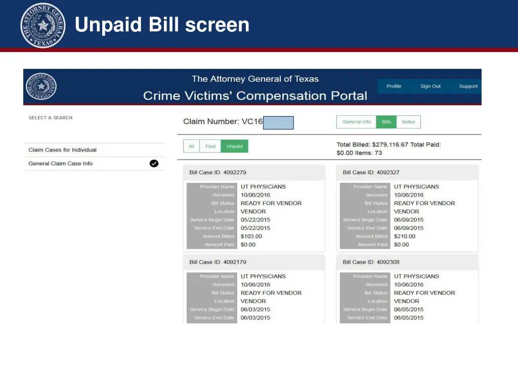 unpaid bill screen