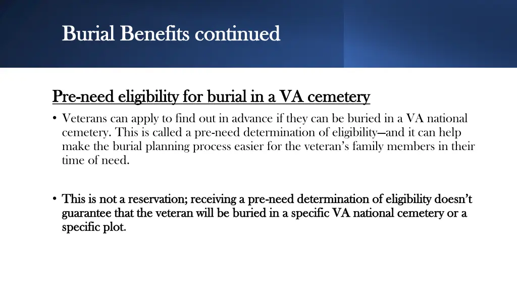 burial benefits continued burial benefits