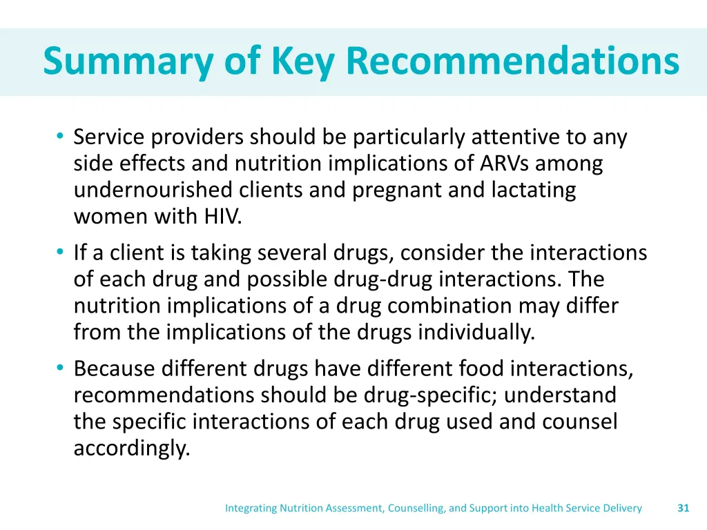 summary of key recommendations