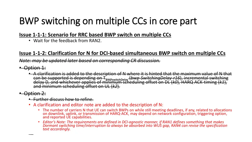 bwp switching on multiple ccs in core part