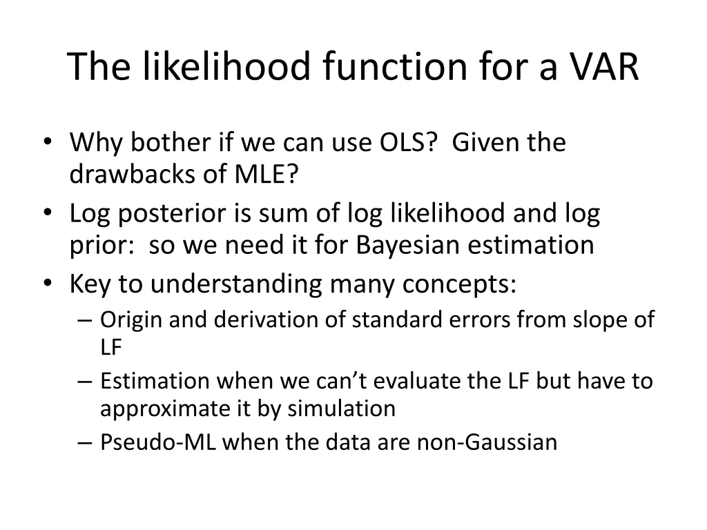 the likelihood function for a var