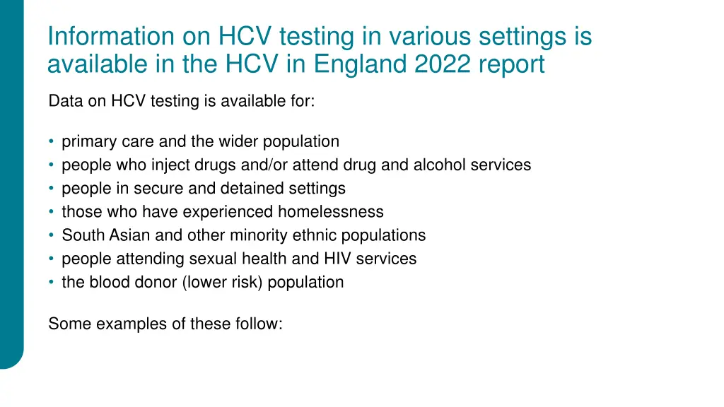 information on hcv testing in various settings