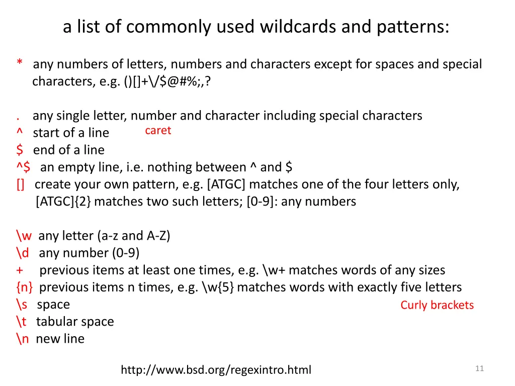 a list of commonly used wildcards and patterns