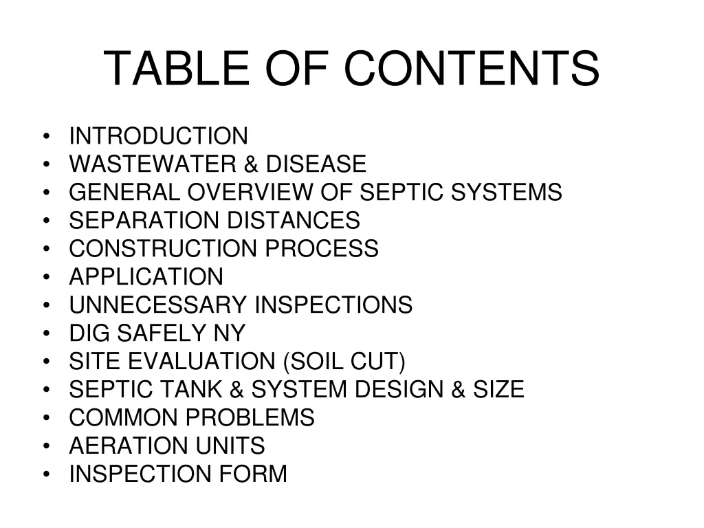 table of contents