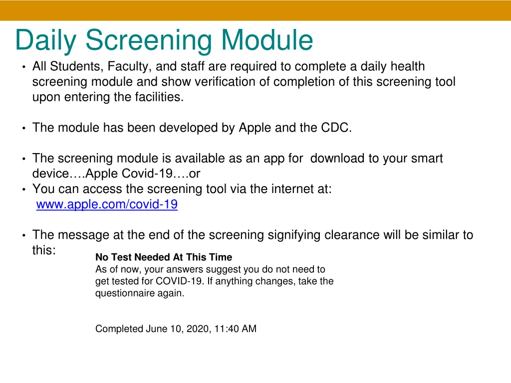 daily screening module all students faculty