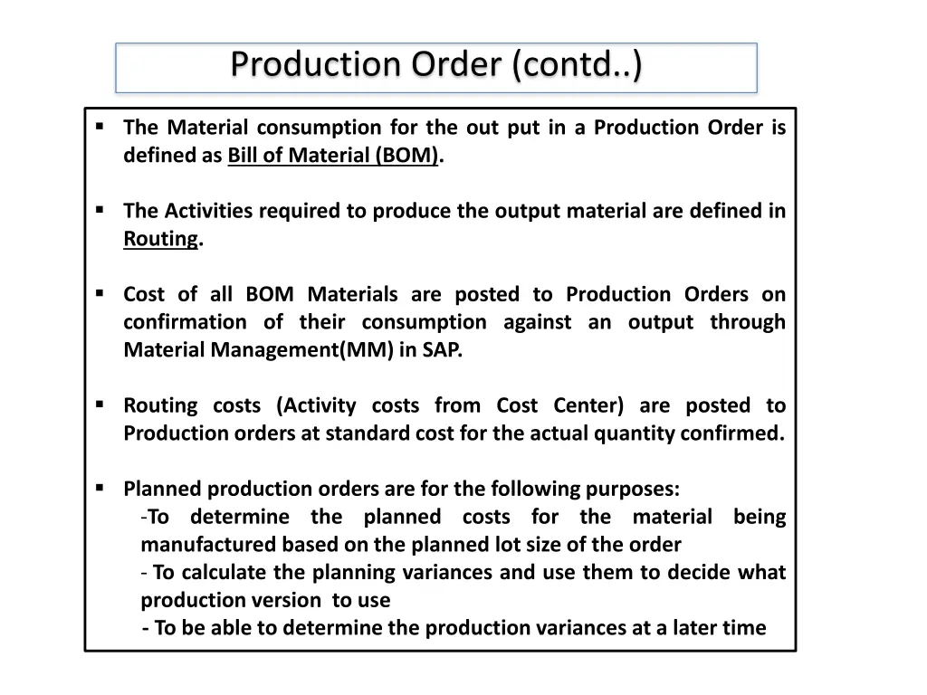 production order contd