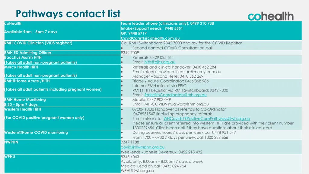 pathways contact list cohealth