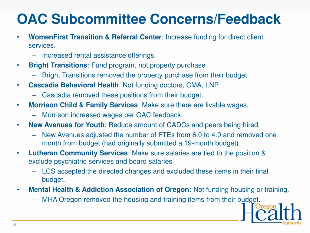 oac subcommittee concerns feedback