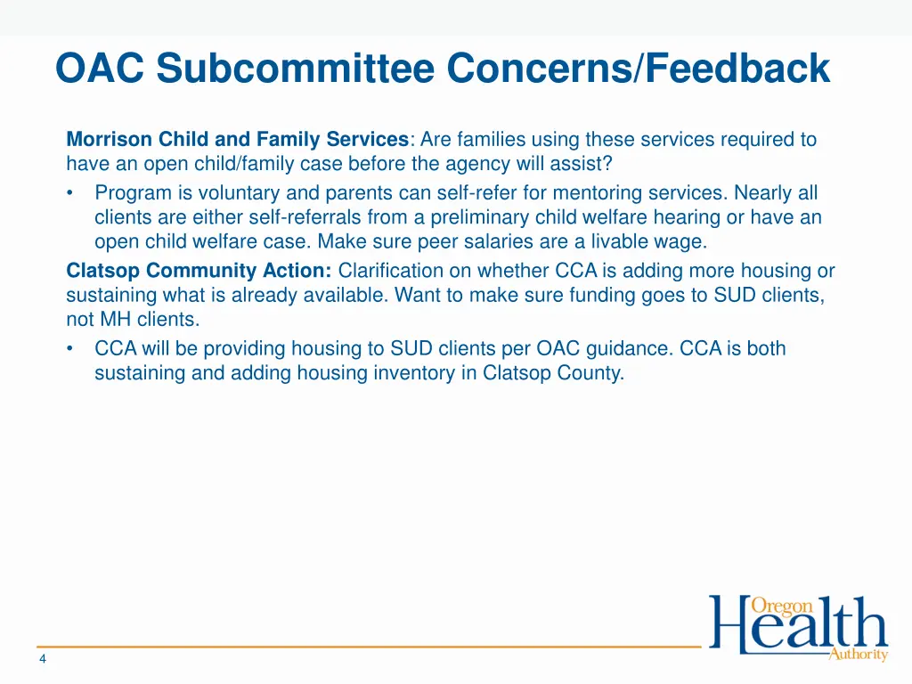 oac subcommittee concerns feedback