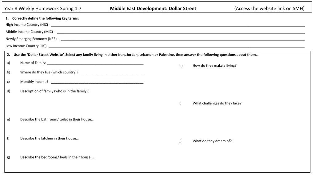 year 8 weekly homework spring 1 7 middle east