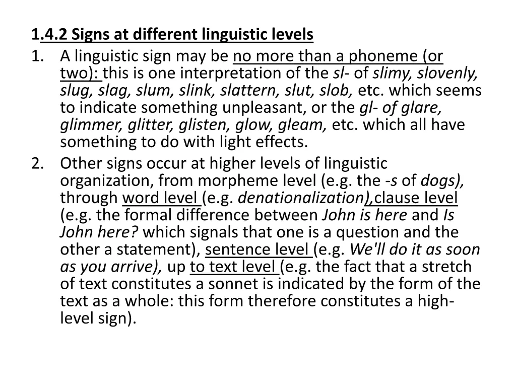 1 4 2 signs at different linguistic levels