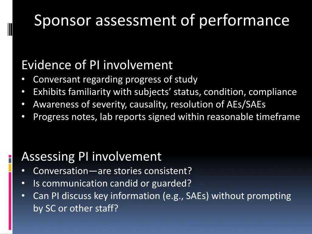 sponsor assessment of performance