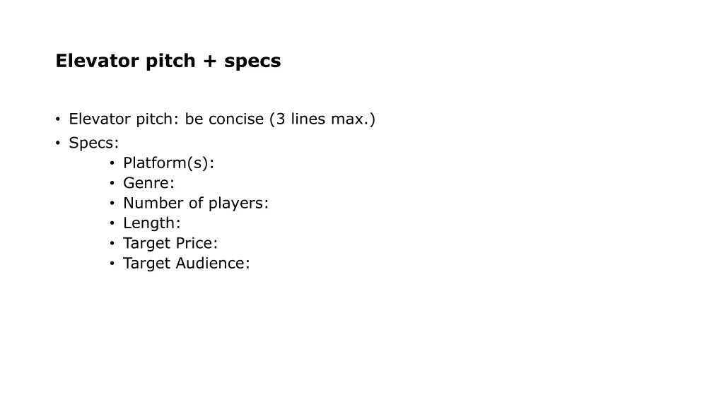 elevator pitch specs