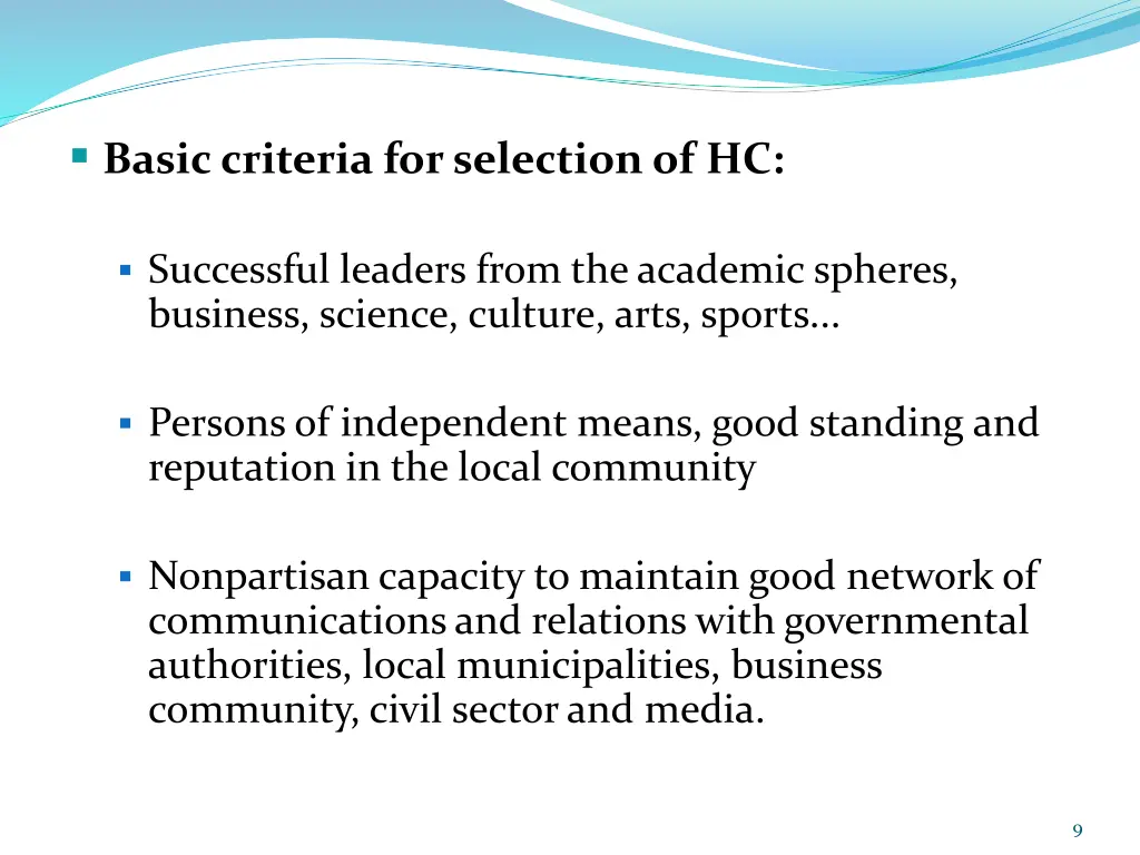 basic criteria for selection of hc