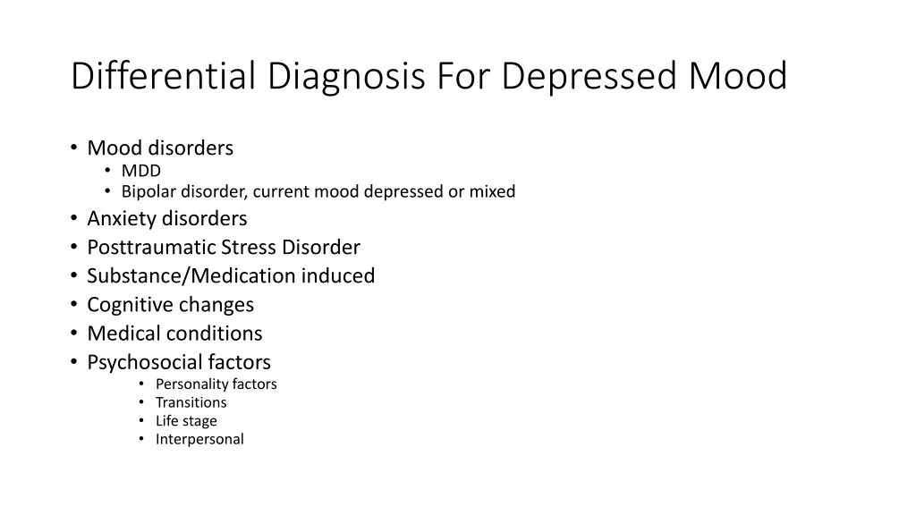 differential diagnosis for depressed mood