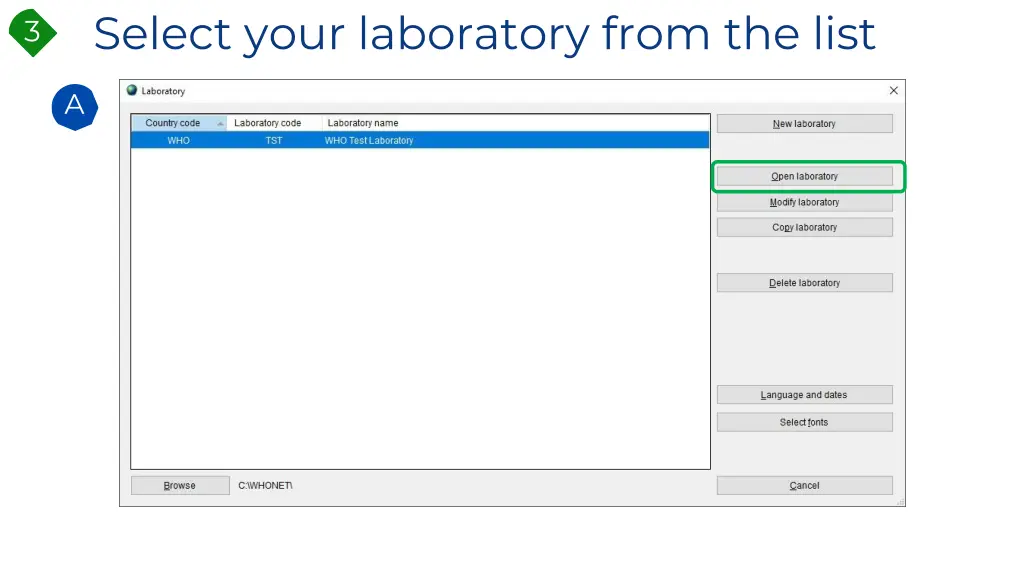 select your laboratory from the list