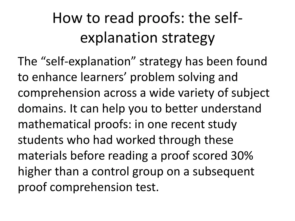 how to read proofs the self explanation strategy