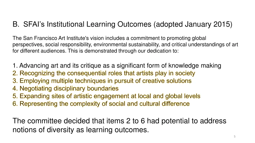 b sfai s institutional learning outcomes adopted