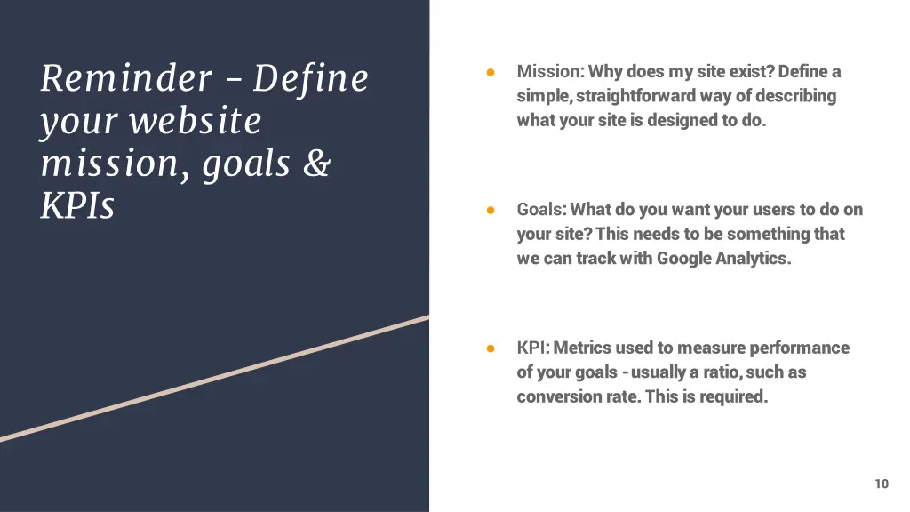 reminder define your website mission goals kpis