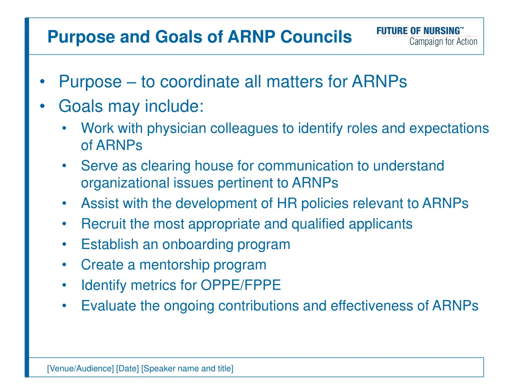 purpose and goals of arnp councils