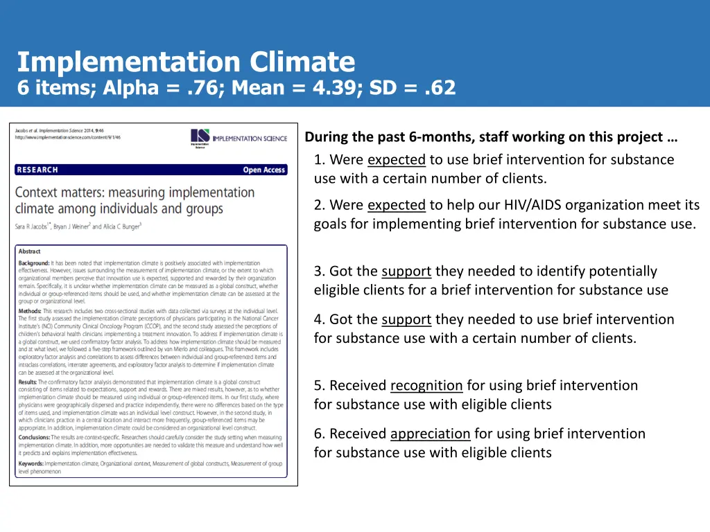 implementation climate 6 items alpha 76 mean