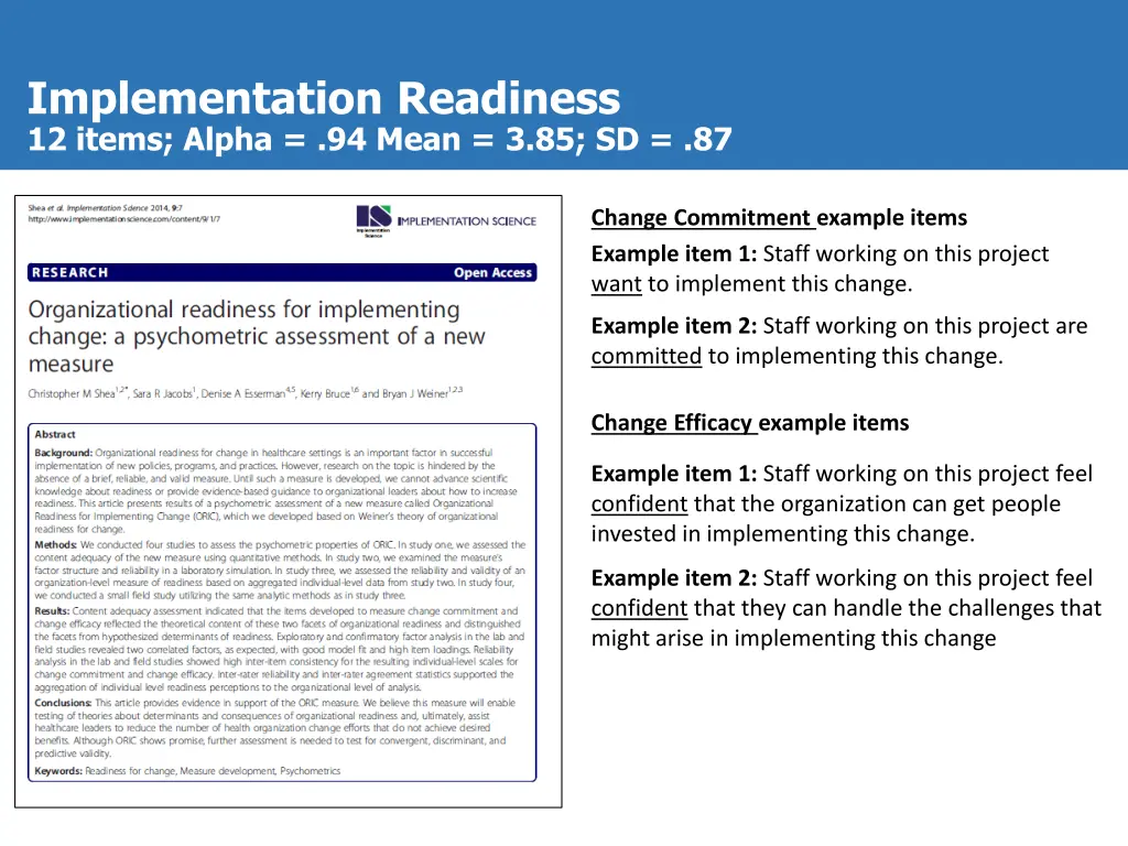 implementation readiness 12 items alpha 94 mean