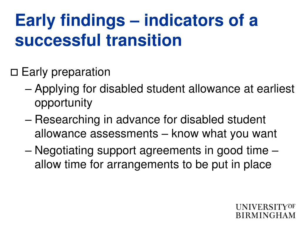 early findings indicators of a successful