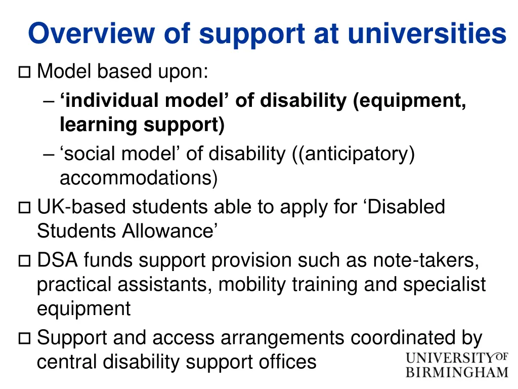 overview of support at universities