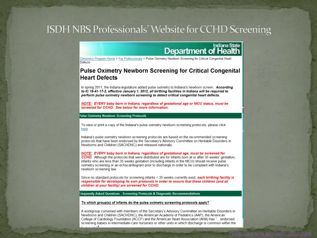 isdh nbs professionals website for cchd screening